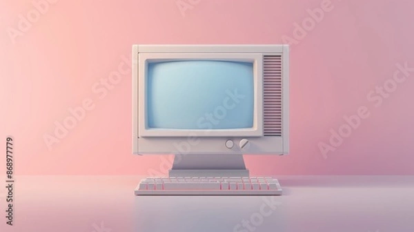 Obraz Vintage computer with keyboard on a pink background.