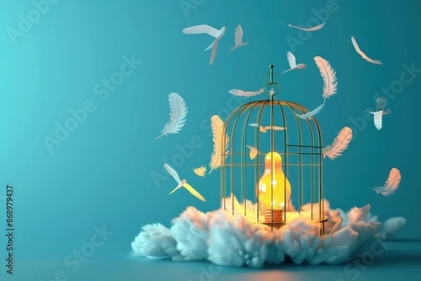 Fototapeta A cage with birds and a light bulb