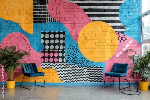 Fototapeta Pop art featuring dynamic 3D elements and trendy patterns