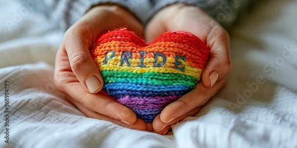 Obraz Hands gently holding a rainbow-colored knitted heart with "PRIDE" embroidered, symbolizing LGBTQ+ support and acceptance. Concept of love, equality, and diversity.