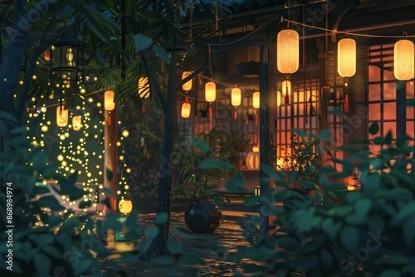 Fototapeta Lantern-lit pathway winding through a cherry blossom festival, cozy vibe, Generative AI