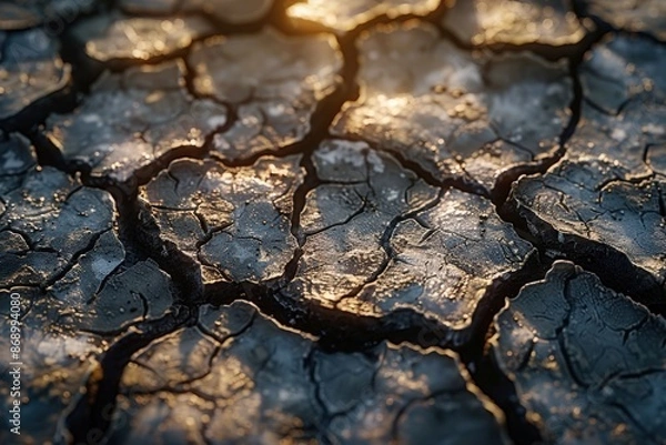 Fototapeta Close-up of cracked, dry earth illuminated by warm sunlight. The texture shows the harshness of drought.