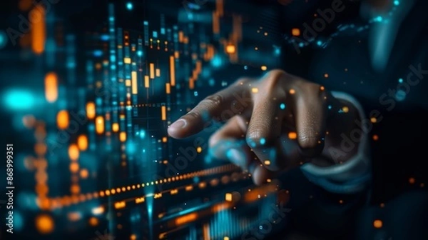 Fototapeta Businessman touching a futuristic digital interface.