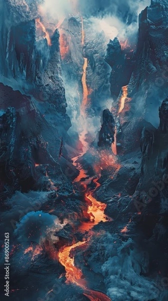 Obraz Volcanic eruption lava flowing through rocky terrain shows the raw power of nature