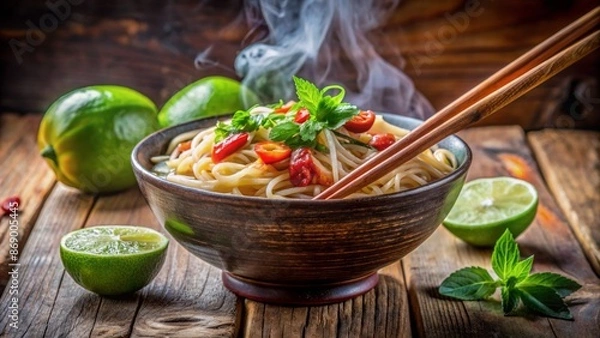 Fototapeta Vibrant, steaming noodles overflow a ceramic bowl, surrounded by chopsticks, fresh lime wedges, and garnishes, evoking mouthwatering Southeast Asian cuisine aroma.
