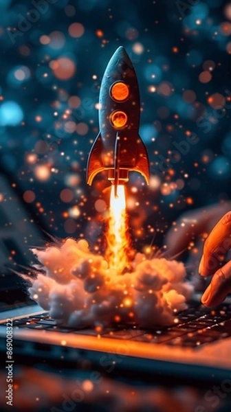 Fototapeta Businessman use laptop with virtual screen of rocket icon and up arrow for fast start up business