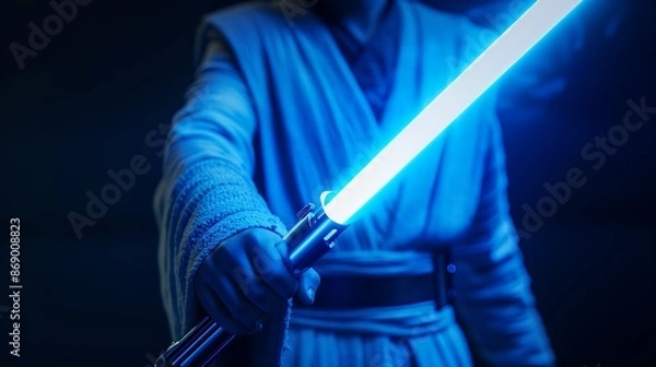 Obraz man holding blue lightsaber, lightsabers glowing in the dark room, hands close up, cinematic, photo realistic 