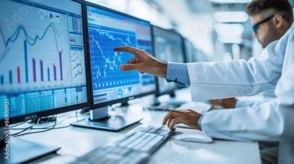 Obraz Clinical researcher analyzing statistical data on multiple screens, highlighting graphs and metrics.