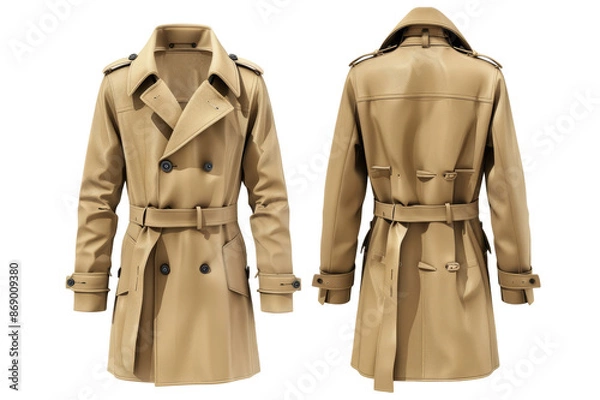 Fototapeta Classic trench coat mockup with front and back design on white background.