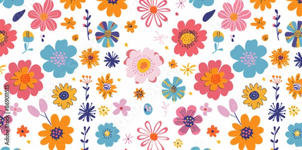 Fototapeta Floral seamless pattern with colorful daisies on a white background. Vector illustration of retro groovy flowers in the flat style. Colorful flower cartoon
