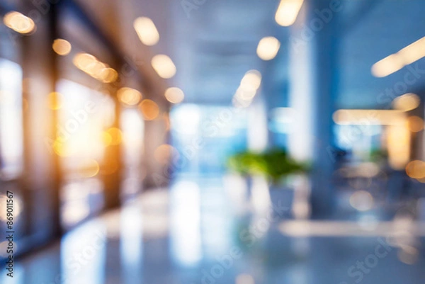 Fototapeta Blurred empty open space office. Abstract light bokeh at office interior background