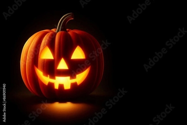 Fototapeta halloween pumpkin head smiling jack o’lantern carved glow lamp spooky horror fear black background copy space