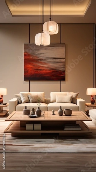Fototapeta a living room with a couch and a tree on the wall