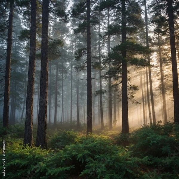 Fototapeta Default Mist curled gently around the towering pines creating