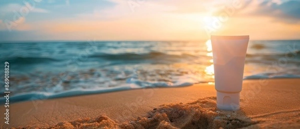 Fototapeta Isolated sunscreen ad with sunrise over the ocean, showcasing cosmetics on sandy beach with holiday and copy space