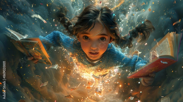 Fototapeta Little girl floating in the universe reading a glowing book