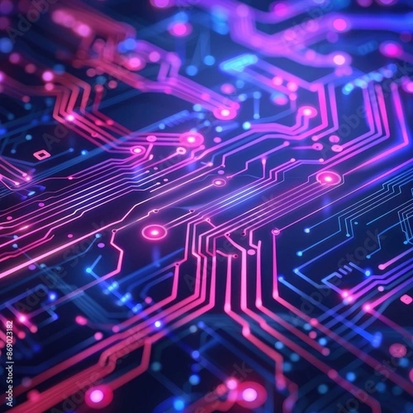 Fototapeta Illuminated Circuit Pathways, Futuristic Technology Background with Glowing Electronic Networks on Dark Backdrop