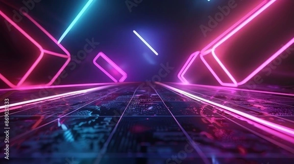 Fototapeta Futuristic glowing neon lights in a digital space with abstract geometric shapes and vibrant hues, creating a cyberpunk atmosphere.