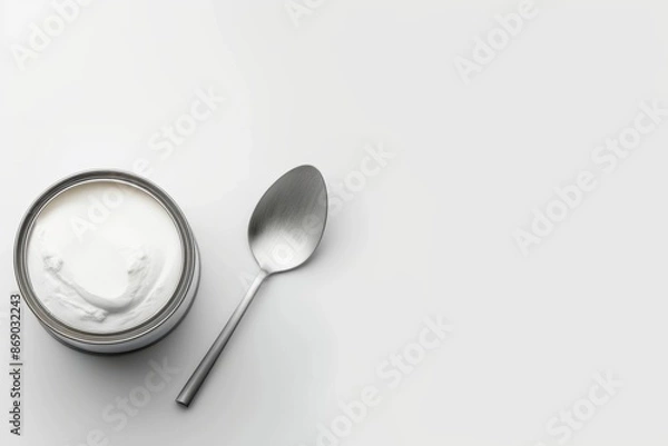 Fototapeta Minimalist yogurt cup and spoon on white background