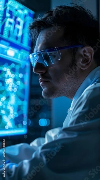 Fototapeta Macro shot of a scientist analyzing data on a computer screen in a modern laboratory setting