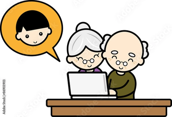 Fototapeta パソコンで孫とコミュニケーションをとるおじいさんとおばあさん