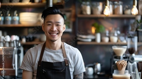 Fototapeta Portrait Barista small business Owner Asian barista man coffee shop owner smiling look at camera small business confident person Entrepreneur manager professional men standing coffee c : Generative AI