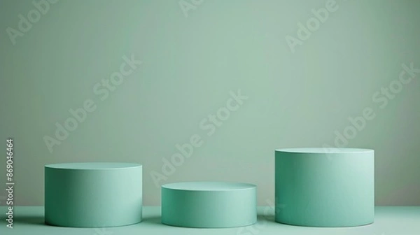 Obraz Three round podiums in mint mambo tones on an empty background, perfect for minimalist product presentation. Ideal for showcasing beauty, fashion, or lifestyle items in a clean, modern setting.