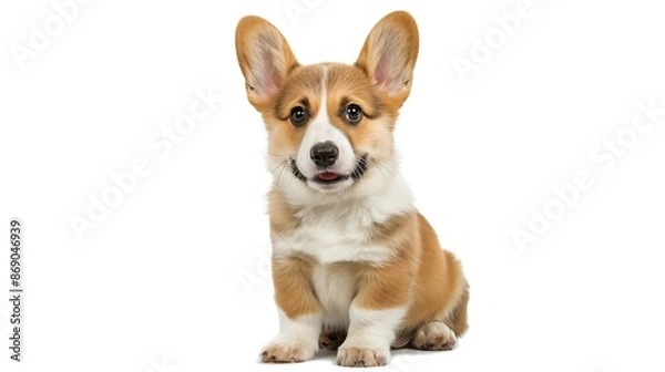 Obraz Sitting happy panting Puppy Welsh Corgi Pembroke looking at camera 14 Weeks old isolated on white : Generative AI