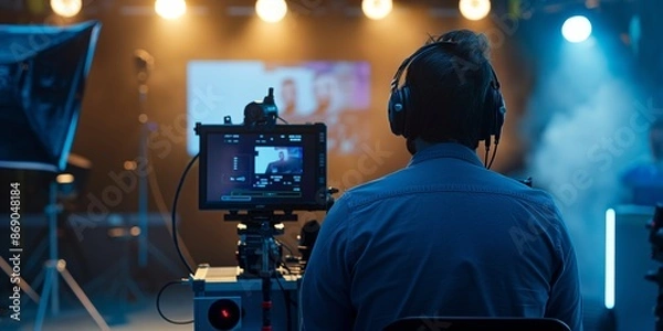 Fototapeta A back view of a cameraman wearing headphones, filming in a smoky studio environment, with lights and fog creating a dramatic atmosphere during production.