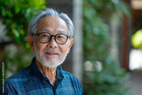 Fototapeta Portrait of Joyful Elderly Asian Man with Glasses looking at camera