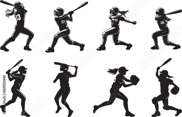Obraz Softball Player Silhouettes and SVG Vectors for Creative Projects.