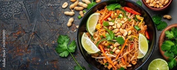 Obraz Authentic pad thai, lime slices, roasted peanuts, Thai street food, colorful dish, savory noodles, traditional recipe, fresh herbs garnish