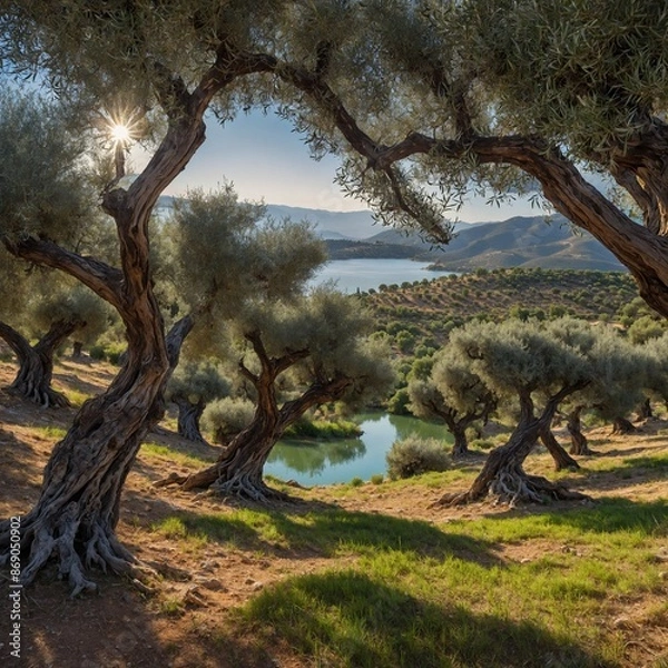 Fototapeta A grove of ancient olive trees on a hillside, overlooking a shimmering lake in the valley below.

