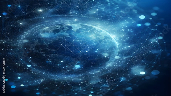 Fototapeta Blue abstract background with network grid and particles