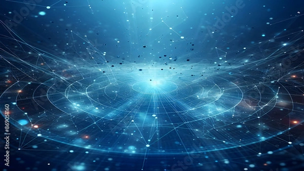 Fototapeta Blue abstract background with network grid and particles