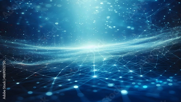 Fototapeta Blue abstract background with network grid and particles