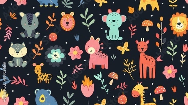 Fototapeta A fun and vibrant pattern showcasing cartoon jungle animals like giraffes, tigers, and rhinos among tropical flora Perfect for children's materials