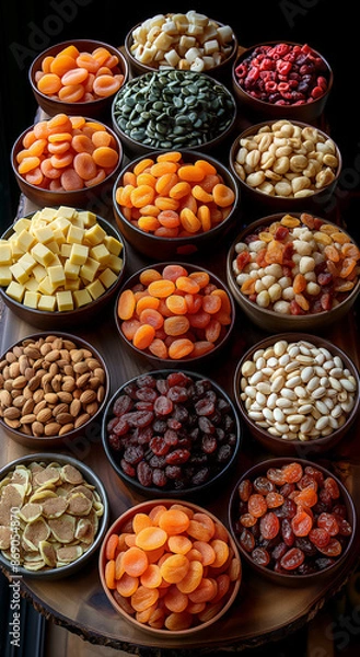 Fototapeta Overhead View of a Large Table with Assorted Dried Fruits in Bowls and Plates