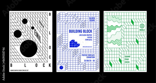 Obraz 3d square line background poster design set isometric boxes line cubic flyer cubes blocks circle pattern outline shapes set abstract geometric black blue green line templates modern minimal geometry 