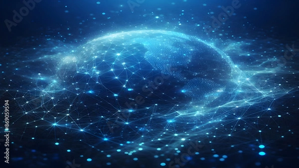 Obraz Blue abstract background with network grid and particles