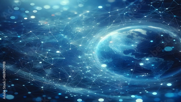 Fototapeta Blue abstract background with network grid and particles
