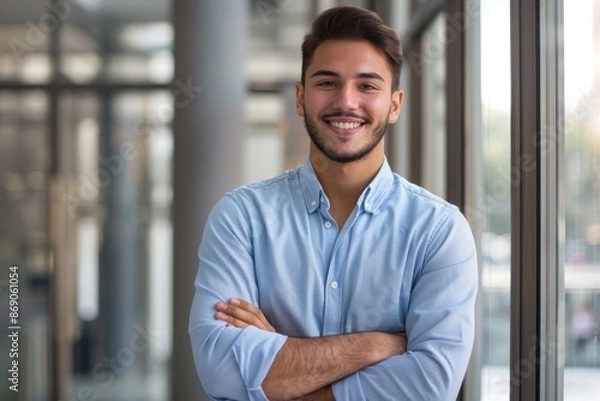 Fototapeta portrait of young male executive standing with crossed arms dressed in casual clothing