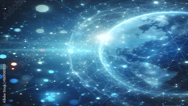Fototapeta Blue abstract background with network grid and particles