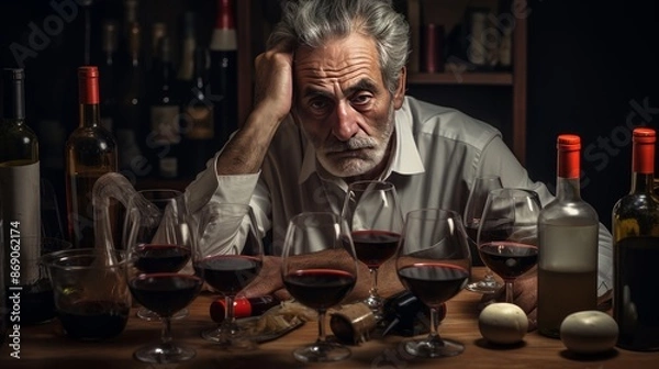 Fototapeta Young man suffering from strong headache or migraine sitting with glass of water in the kitchen, millennial guy feeling intoxication and pain touching aching head, morning after hangover concept