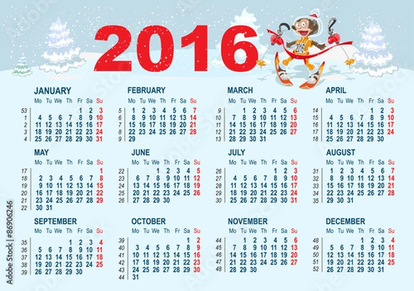 Fototapeta 2016 Calendar template. Monkey goes skiing