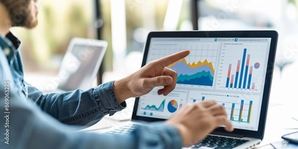 Obraz A person points at detailed graphs and charts displayed on a laptop screen, showcasing analytical skills and data interpretation essential for modern business decision-making.