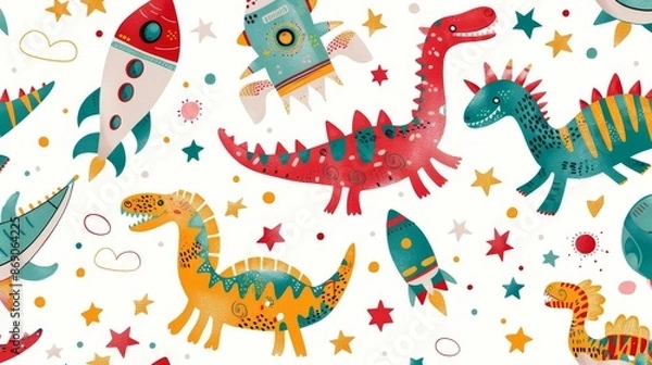 Fototapeta A seamless pattern featuring vibrant, cartoon dinosaurs, rockets, stars, and hearts on a light background
