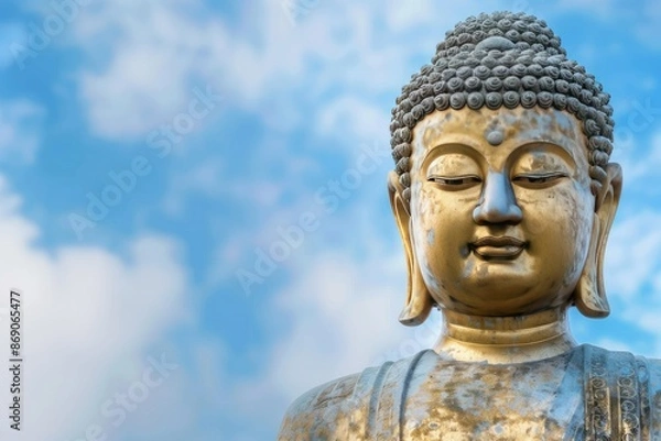 Fototapeta The image of a golden Buddha statue with a blue sky in the background emphasizes peace, spiritual serenity, beauty, and Buddhist sanctity, showcasing a sacred moment.

