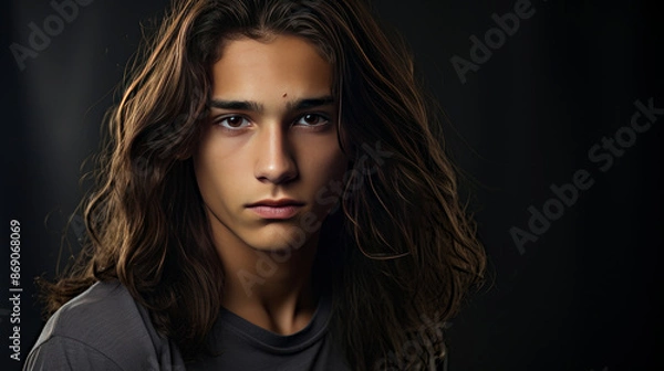 Fototapeta Happy cheerful young latino generation z. Smiling ethnic cool generation z teenage student, long hair, gray background.