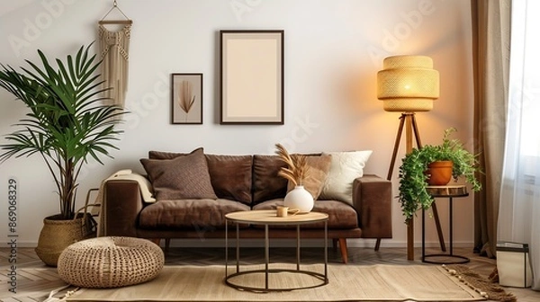 Fototapeta Warm and cozy interior of living room space with brown sofa pouf beige carpet lamp mock up poster frame decoration plant and coffee table Cozy home decor Template : Generative AI
